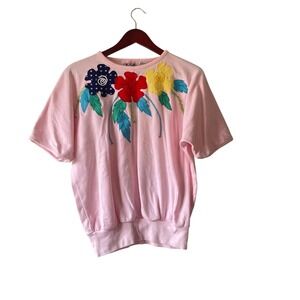 Vintage Pink Floral Applique Short Sleeve Sweatshirt Womens Medium Retro